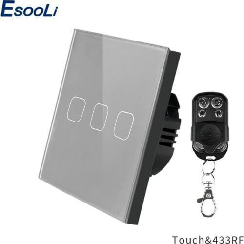 Esooli 3 Gang 1 Way Crystal Glass Panel wall light EU Touch Switch Gray Wireless Switch AC 250V Remote Control Switch