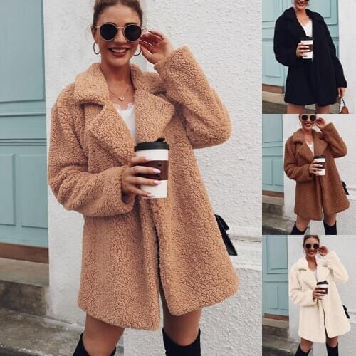 RoRoDox Fluffy Teddy Coat Women Warm Outwear Plush Notch Collar Loose fur jacket Loose Cardigan Trench Solid