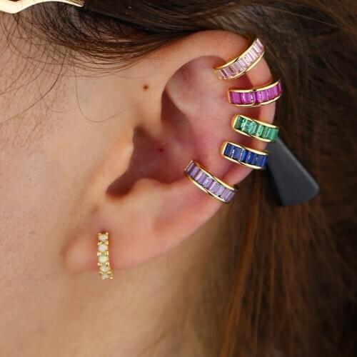 Chic Multi color ear cuff 1 piece no piercing clip on earring bezel baguette pastel rainbow cz circle cuff earrings for women