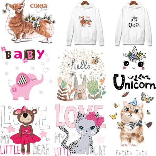DIY Cartoon Animals Patches for Clothing Iron on Transfer Thermal Stickers on Clothes Cute Cat Dog Patch Kids Clothing Appliques