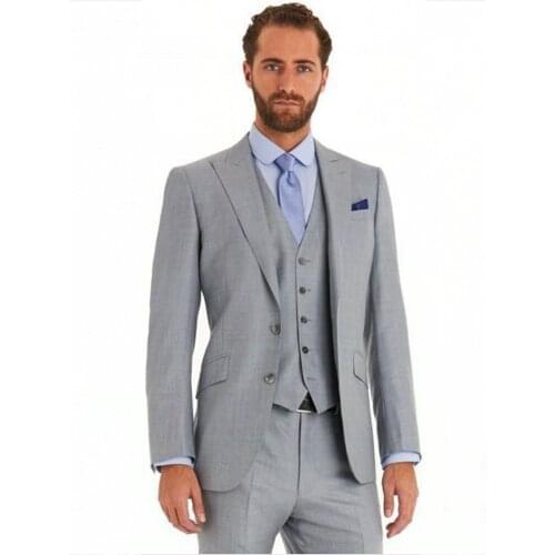 Slim Fits Light Grey Mens Toast Business Suits Groom Tuxedos 3 Piece Coat Wasitcoat Trousers Sets (Jacket+Pants+Vest+Tie) W:142