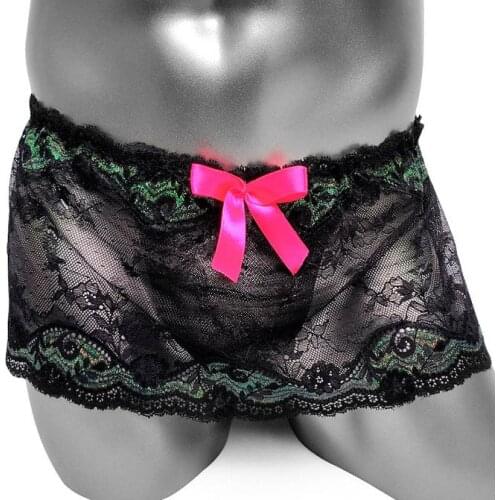 Lace Sissy Panties Sexy Lingerie with Bulge Pouch T Back See through Skirted Gay Mens Underwear G String For Male Underpants