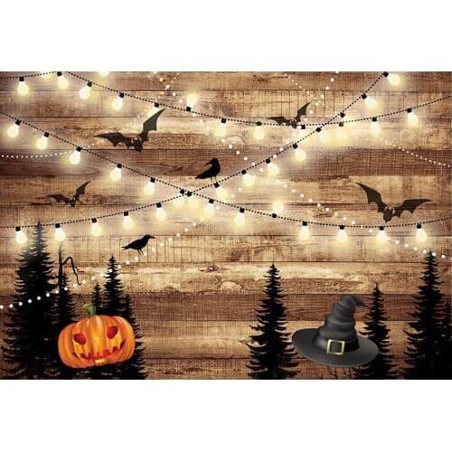 Vintage Wooden Board Photography Background White Lights With Bat Yellow Pumpkin And Witch Hat Backdrop For Halloween Party Prop