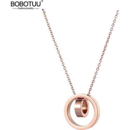 BOBOTUU Love Two Circle Double Buckle Pendant Necklaces Stainless Steel Rose Gold Sweater Chain Necklace For Women BN18235