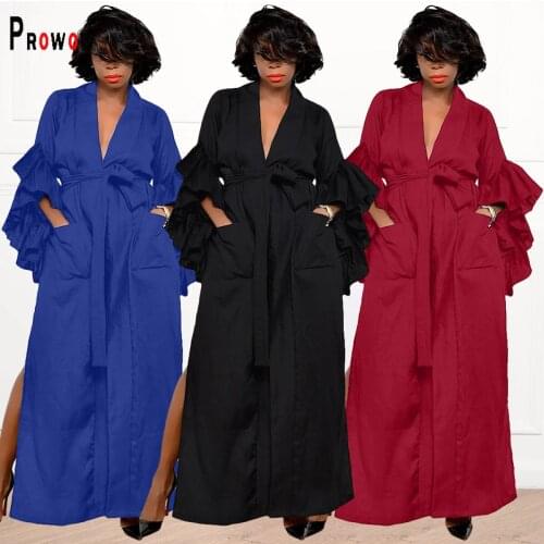 Prowow Sexy Women Dress Ruffle Sleeve V-neck Maxi Dresses for Lady 2021 New Spring Fall Bandage Solid Color Female Clothes