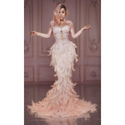 Female singer performance clothing Pink angel baby feather dress stage show sparkly costume Nightclub Bar party evening dresses