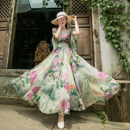 Slim dress spring summer new Print Chiffon Dress 2020 womens long swing dress Floral Dress