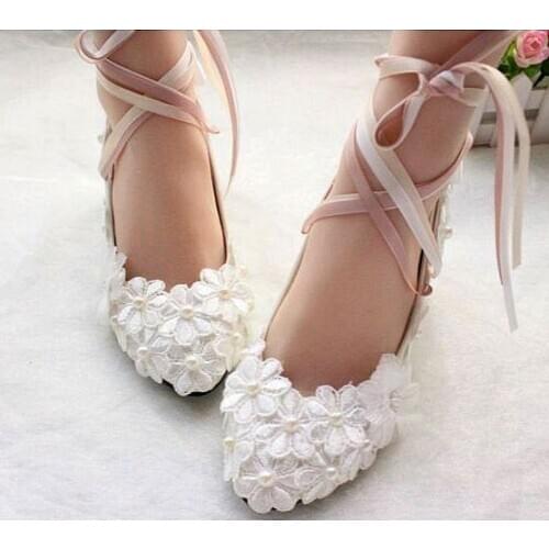 White lace pumps shoes for woman handmade satin riband ankle straps ladies bridal wedding party shoes bride women plus size