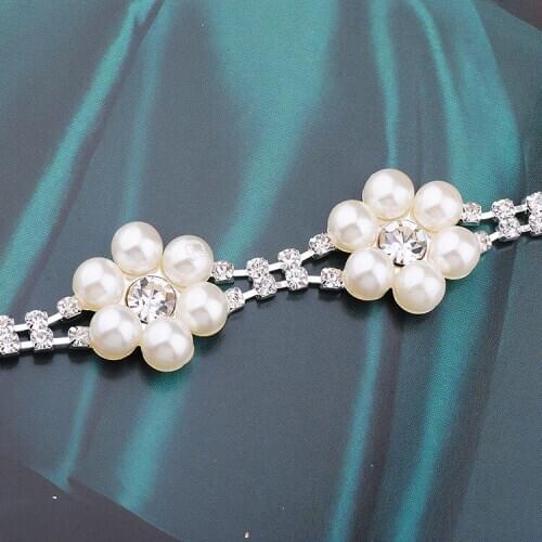 Free shippment!Pearl crystal rhinestone silver chain trim applique flower artcraft sewing garment accessories5yards/lot