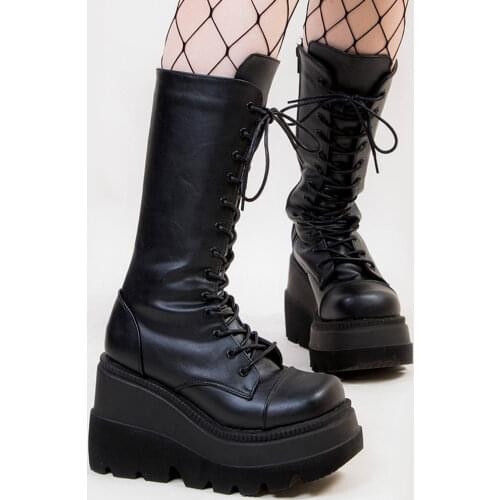 Brand Wedge High Heels Platform Tide Trendy Cool Gothic Black Vampire Freaks Halloween Cosplay Calf Boots Shoes Women Footwear