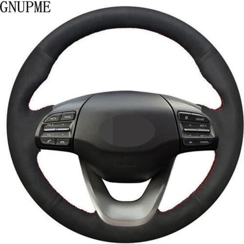 DIY Hand-stitched Black Genuine Leather Suede Car Steering Wheel Cover For Hyundai Kona 2017 2018 2019