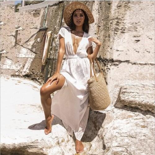 Womens V-neck Beach Cover Dress Backless Halter Holiday Dress Bikini Sunscreen Maxi Shirts Femme Mujer Bathing Suit Cover Ups