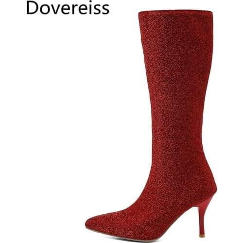 Dovereiss Fashion Womens Shoes Winter new Sexy red yellow silver Elegant Zipper Pointed toe Half boots Concise Mature 32-47
