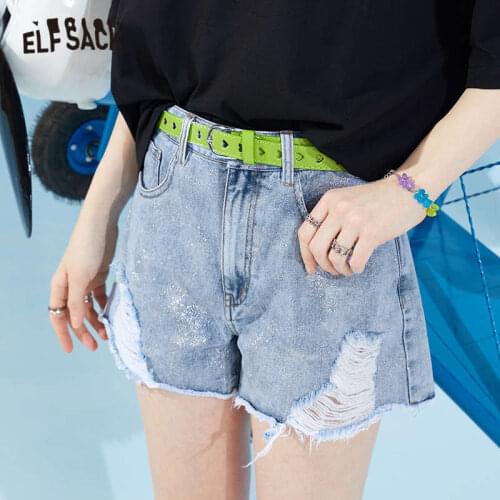 ELFSACK Solid High Waist Smart Casual Women Wide Leg Shorts 2021 Summer Pure Ripped Hole Korean Ladies Basic Daily Denim Bottoms