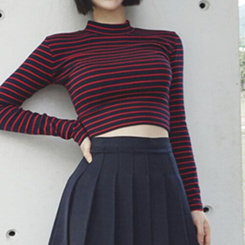 Long Sleeved T-Shirt Sexy Shirts Tee Tops Women 2021 Chic All-Match Classic Stripe Slim Short Bustier Crop Top Turtleneck