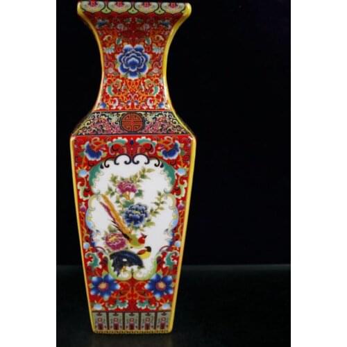 China Colored glaze ceramic flowers bird four square vase crafts statue