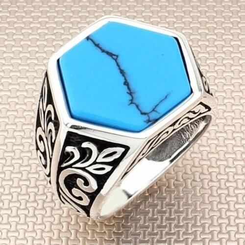 SILVERFONI Real 925 Sterling Silver Ring For Men Stylish Jewelry Fashion Turquoise Stone Gift Male Accessories All Size 2021