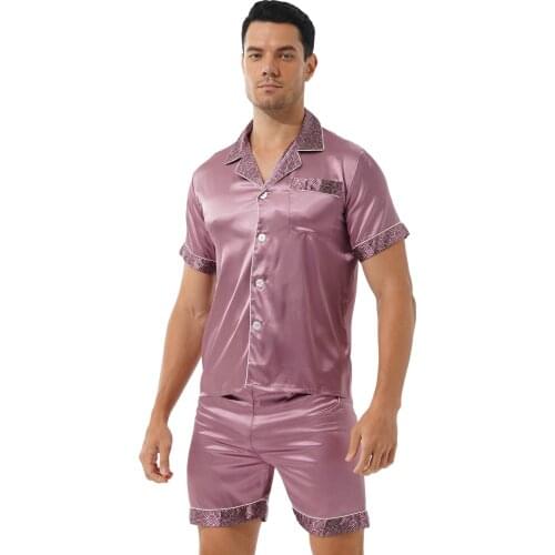 Men Stylish Print Satin 2Pcs Pajama Set Turn-Down Collar Short Sleeve Shirt With Shorts Sleepwear Nightwear Loungewear