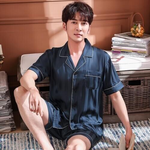 Summer Short Sleeve Pyjamas Set Mens Satin Home Clothes 2PCS Pojama Mens Sleepwear PJ With Button Striped Loungewear Pajamas