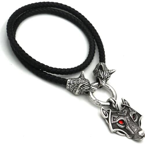 Green Black Red Eyes Wolf Amulet Pendant Stainless steel Viking Wolf Head Leather Chain Necklace Male Female Talisman Wicca Jewe