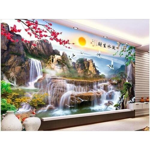 Custom photo mural 3d wallpaper Chinese mountain waterfall scenery home decor living room 3d wall mural wallpaper for walls 3 d