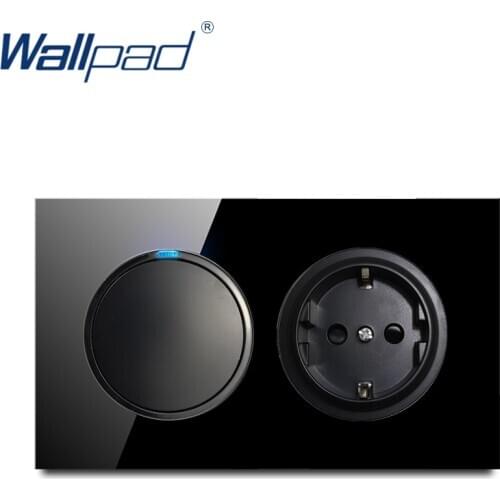 Wallpad 1 Gang 2 Way With EU German Socket Push Button Wall Light Switch With LED Indicator Crystal Glass Panel 146*86mm