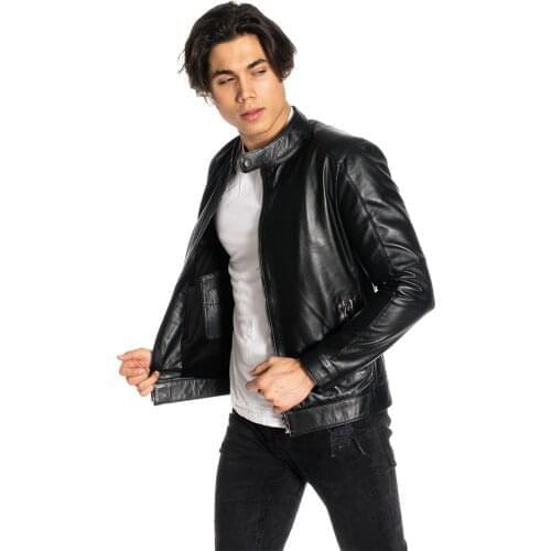 Genuine Soft Lambskin Leather Jacket Handmade Man Brown Jacket Biker Motorcycle Style Jacket Bomber Real Fur Coat Custom Produc