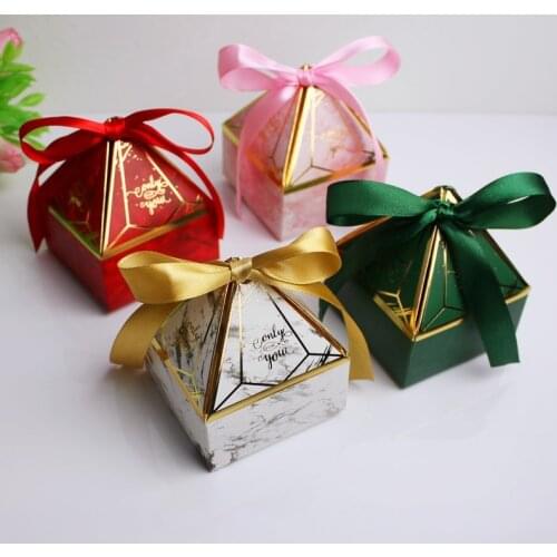 Gift Box Pagoda Diamond Shape Birthday Packaging Boxes Wedding Favor Party Sweet Paper Gift Bag Marble Candy Box with Ribbon
