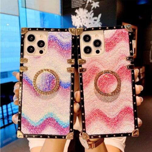 Luxury BlingBing Diamond Ring Holder Phone Case for iPhone11 12 Pro Max XR XS 7 8Plus SE2020 Fashion Marble Wave Pattern Cover