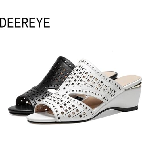 Ladies Hollow Slip on Wedge High Heel Genuine Leather Casual Slide Mules Slipper Female Back Metal Platform Sandals Women Shoe