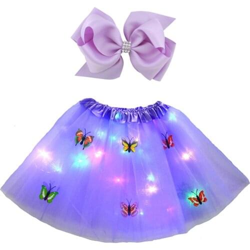 LED Luminous Layered Tulle Tutu Skirt for Girl Women with Hairbow Ballet Dressing Up Kids Halloween Decor Butterfly Lights