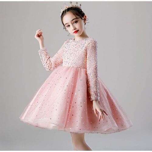 Sequin Tulle Toddler Girl Princess Dress Kids Party Long Sleeve Wedding Dress for Birthday Baby Girls First Communion Clothing
