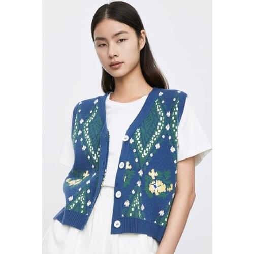 Vintage Cardigan Women Fashion Flower Button Knitted Vest Sweater V Neck Sleeveless Tank Top Female Waistcoat Chic Tops