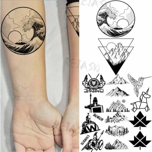 Geometry Mountain Sea Sun Temporary Tattoos For Women Adult Spartan Unicorn Bird Fake Tattoo Sticker 3D Body Art Washable Tatoos