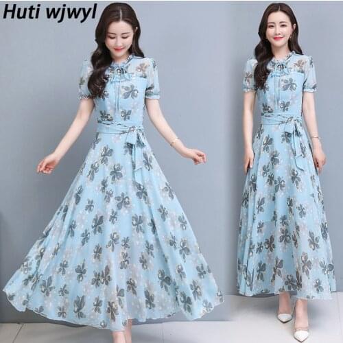 2021 New Pink Floral Chiffon Women Maxi Dress Plus Size Bodycon Party Vestidos Summer Vintage Print Casual Boho Beach Midi Dress