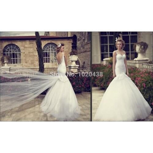 Vestido de noiva Sexy Backless Mermaid Wedding Dresses White Lace Covered Bodice Spaghetti Straps 2015 Vintage Bridal Gowns