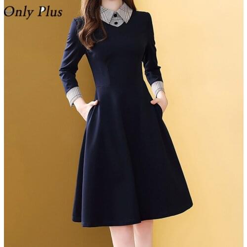 2021 New Deep Blue Woman Dress Knee Length Cotton Office Lady A-Line Dress Women French Spring Autumn Vestidos Solid