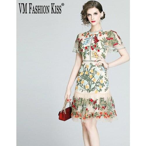VM FASHION KISS New 2021 FASHION Runway Summer Party Lace Dress Womens Flare Sleeve Floral Embroidery Elegant Mesh Hollow Out