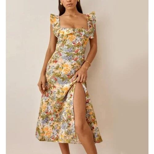 GypsyLady Vintage Floral Midi Dress Split Ruffles Cute Women Dress Long Holiday Beach Style Backless Female Summer Dress 2021
