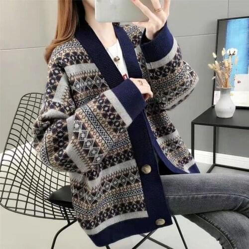 2020 Women Elegant Sweater Cardigans v-neck Retro Vintage Knit Jackets Autumn Long Sleeve Cardigans Loose Tops Winter Jacket
