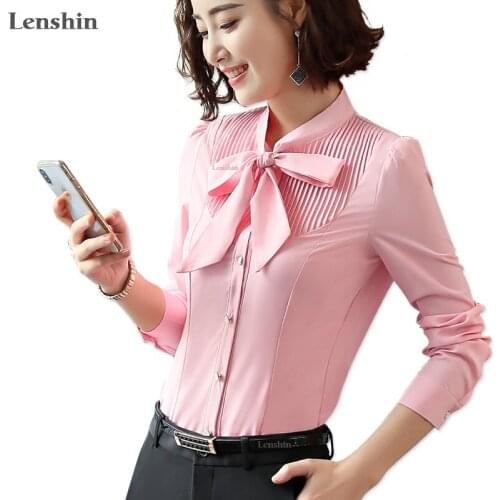 Lenshin Front Tie Shirts for Women Candy Color Pleated Blouse Work Wear Office Lady Bow Female Ruffle Tops Chemise