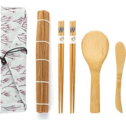 DIY Sushi Maker Set Bamboo Sushi Curtain Rice Sushi Making Kits Roll Cooking Tools Chopsticks Spoon