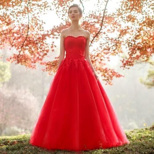 Elegant Red Wedding Dress Ball Gown Strapless Lace-up Back Floor Length Bridal Gowns Layers Tulle with Floral Applique