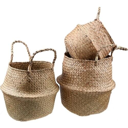 Natural Rattan Storage Basket Seagrass Wicker Laundry Baskets Hanging Flower Pot Toys Organizer Home Garden Decoration
