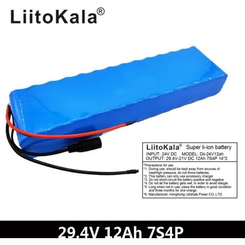 LiitoKala 7S4P 29.4v 12Ah electric bicycle motor ebike scooter 24v li ion battery pack 18650 lithium rechargeable batteries 15A