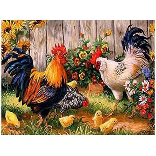 DIY 5D Diamond Painting By Number Kit, Full Drill Rooster Hen Chicks Embroidery Cross Stitch Arts Craft Canvas Wall Decor