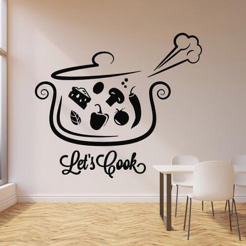 Lets Cook Wall Decal Phrase Pan Soup Food Cooking Kitchen Restaurant Interior Decor Vinyl Window Stickers Creative Mural M651
