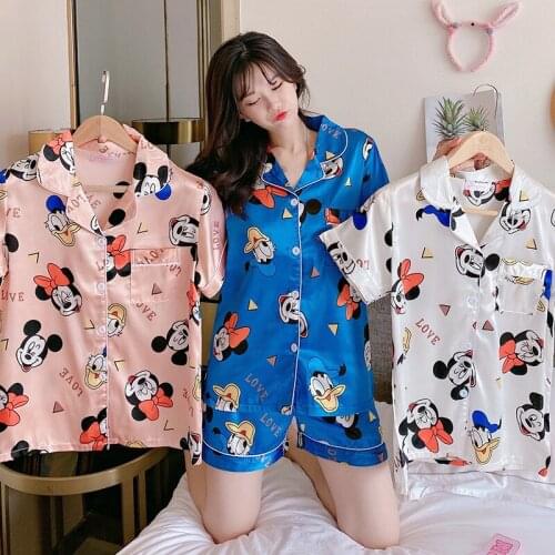 Disney Mickey Mouse Summer Pajamas Ladies Cartoon Simulation Silk Short-sleeved Shorts Pajamas Womens Spring Cute Home Clothes