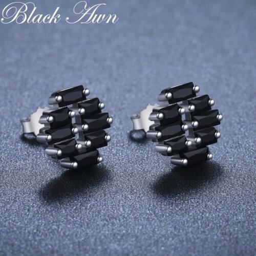 Simple 100% Genuine 925 Sterling Silver Jewelry Black Spinel Stone Star Cute Party Stud Earrings for Women Bijoux Femme I140