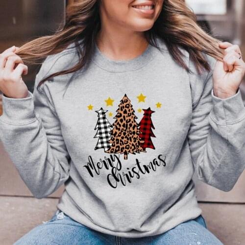 Colored Buffalo Plaid & Leopard Merry Christmas Trees Sweatshirt Cute Women Winter Long Sleeve Graphic Holiday Gift Pullovers